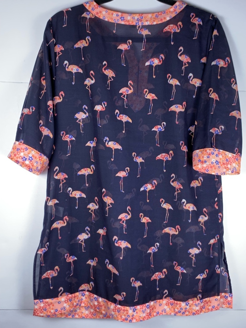 Talbots Flamingo Print Sheer Tunic Cover Up Navy Pink Size S Beach Swim Top - Picture 9 of 14